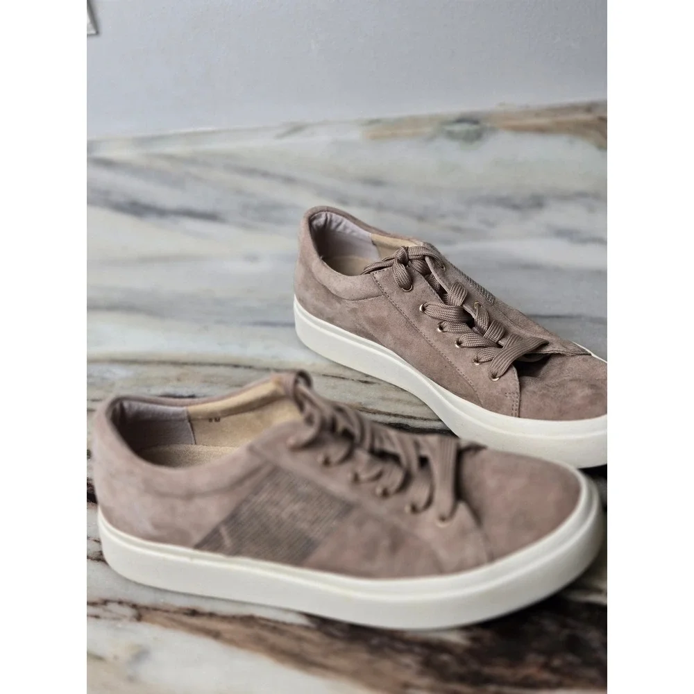 Vaneli Sport Taupe Suede Low Top Sneakers Shimmer Side Panel Womens 8M Platform